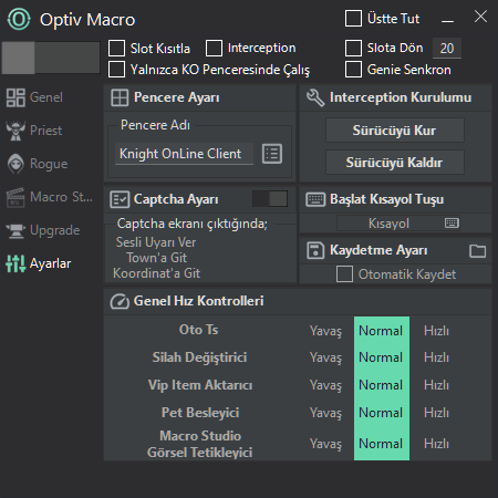 Optiv Macro - Ayarlar Arayüzü