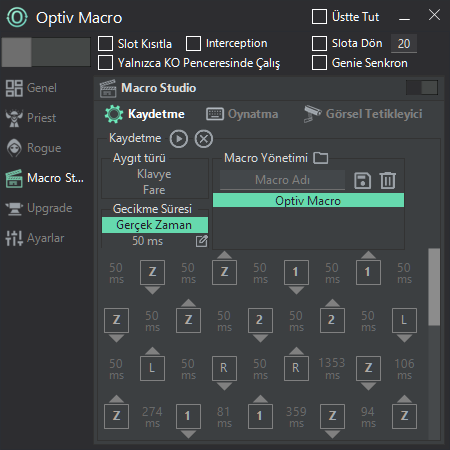 Optiv Macro Studio arayüzü - Kendi macronu yarat