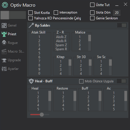 Optiv Macro Priest arayüzü: Oto heal, buff ve atak ayarları