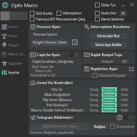 Optiv Macro - Ayarlar Arayüzü