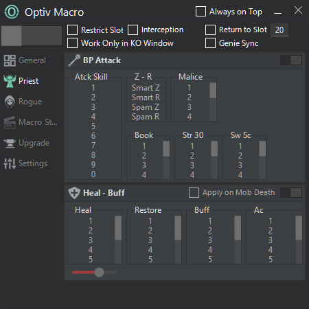Optiv Macro Priest Interface: Auto heal, buff, and attack settings