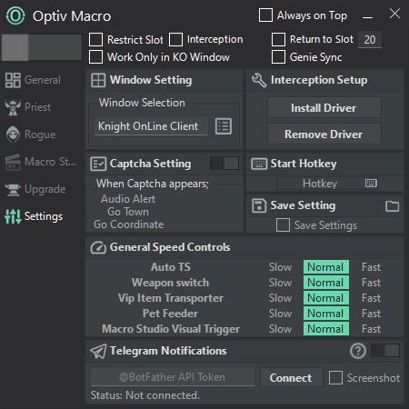 Optiv Macro - Settings Interface