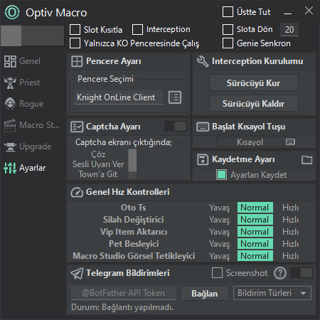 Optiv Macro - Ayarlar Arayüzü