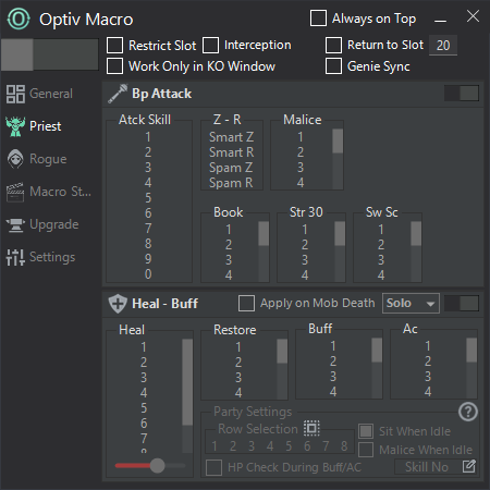 Optiv Macro Priest Interface: Auto heal, buff, and attack settings
