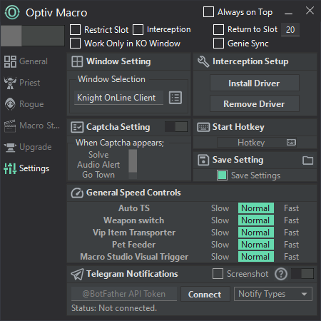 Optiv Macro - Settings Interface